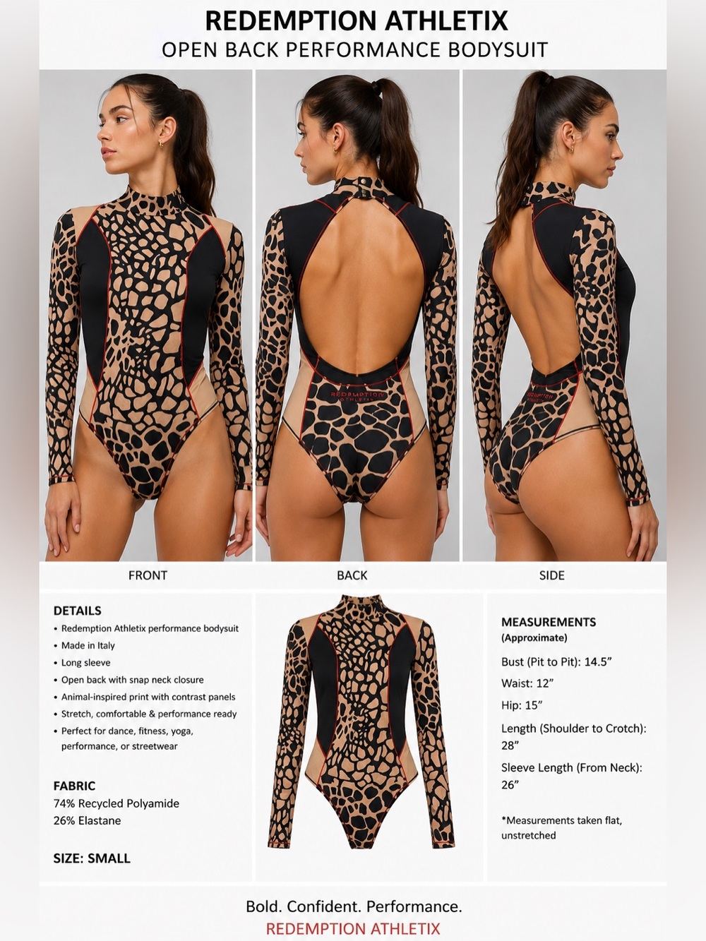 Redemption Athletix Open Back Long Sleeve Bodysuit Animal Print Size S